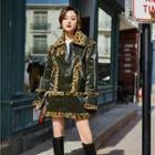 Leopard Print Panel Trim Zip Coat