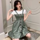 Crew-neck Short-sleeve T-shirt / Buttoned Spaghetti Strap A-line Dress