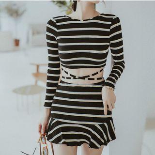 Set: Striped Long-sleeve Rashguard + Swim Shorts + Swim Skirt
