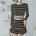 Set: Striped Long-sleeve Rashguard + Swim Shorts + Swim Skirt