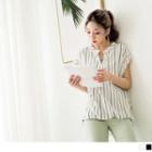Stand Collar Cap Sleeve Striped Blouse