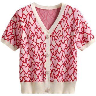Short-sleeve Heart Knit Top Pink - One Size