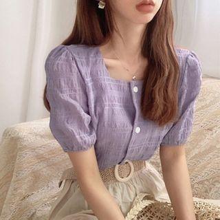 Puff-sleeve Buttoned Square-neck Top As Shown In Figure - One Size