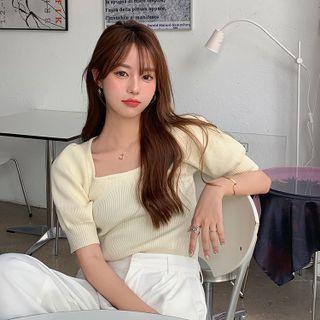 Square-neck Plain Striped Knit Blouse