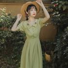 Puff-sleeve Pineapple Embroidered Midi A-line Dress