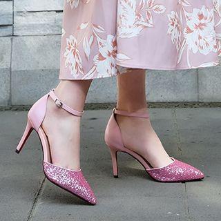 Ankle Strap Glitter Genuine Leather Pumps
