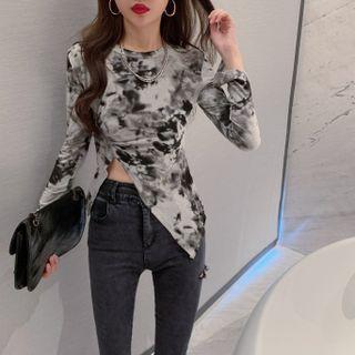 Long-sleeve Tie Dye Side-slit T-shirt