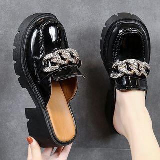 Embellished Chunky Chain Faux Leather Block Heel Mules