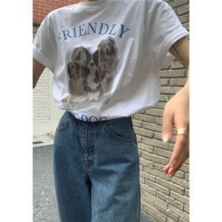 Short-sleeve Lettering Dog Print T-shirt