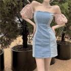 Two-tone Denim Bralette / Two-tone Off-shoulder Denim Mini Dress