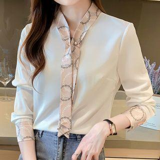 Long-sleeve Print Tie-neck Shirt