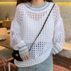 Long-sleeve Fringed Perforated Knit Top White - One Size