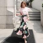 Set: Frilled Short-sleeve Top + Floral Print Maxi Skirt