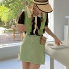 Brown & Green Striped Knit Polo Shirt Stripes - Black & Green - One Size