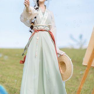 Set: Long-sleeve Hanfu Top + Camisole Top + Maxi A-line Skirt