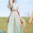 Set: Long-sleeve Hanfu Top + Camisole Top + Maxi A-line Skirt