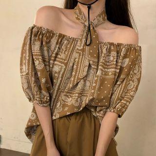 Puff-sleeve Off Shoulder Print Blouse / A-line Skirt