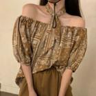 Puff-sleeve Off Shoulder Print Blouse / A-line Skirt