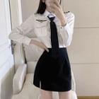 Long-sleeve Shirt With Necktie / Mini Pencil Skirt / Cap / Set