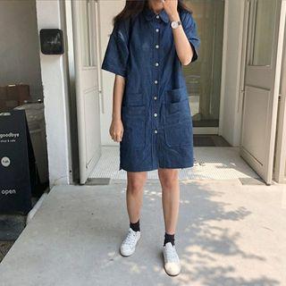 Short-sleeve Denim Shirtdress Denim Blue - One Size