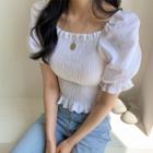 Puff-sleeve Smock Plain Blouse Ivory - One Size