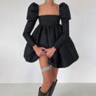 Puff Sleeve Square-neck Plain Mini Dress