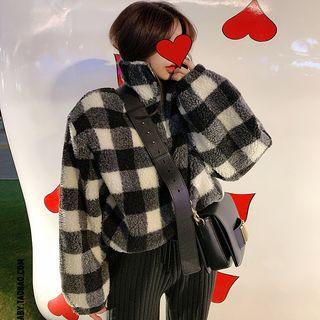 Long-sleeve Plaid Shearling Coat Black & White - One Size