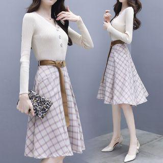 Set: Placket Knit Top + Plaid A-line Skirt