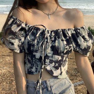 Short-sleeve Printed Blouse Gray & White - One Size