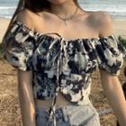 Short-sleeve Printed Blouse Gray & White - One Size
