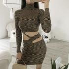 Long-sleeve Patterned Cut-out Mini Sheath Knit Dress As Shown In Figure - One Size