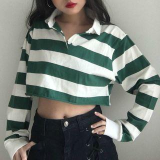 Striped Collared Cropped Sweatshirt