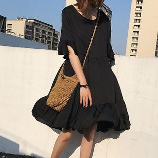 Short-sleeve Ruffle Hem Plain A-line Dress