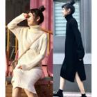 Turtleneck Side-slit Long-sleeve Midi Knit Dress