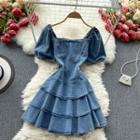 Square-neck Ruffle Puff-sleeve Denim Dress