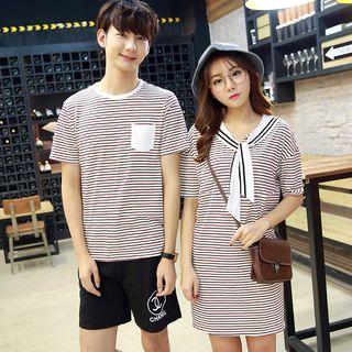 Couple Matching Short-sleeve Striped T-shirt / Short-sleeve Striped Dress