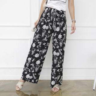 Drawstring-waist Floral Wide-leg Pants