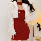 Sleeveless Fluffy Trim Mini Bodycon Dress / Cropped Fluffy Jacket