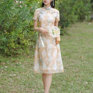 Short-sleeve Floral Mesh Qipao