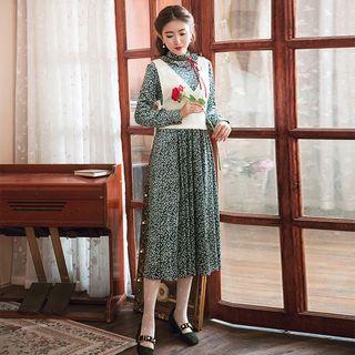 Set: Floral Midi Dress + Knit Vest