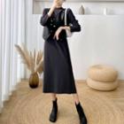 Set: Long-sleeve Knit Midi Dress + Faux Leather Button-up Vest