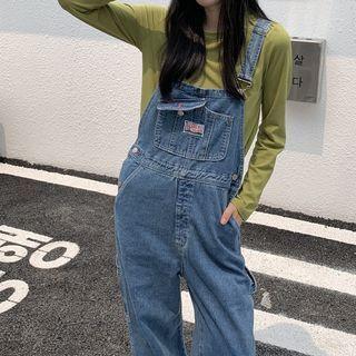 High-waist Washed Straight-cut Jumpsuit Denim Blue - One Size