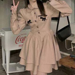 Long-sleeve Collar Bow Detail Mini A-line Dress Pink - One Size