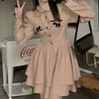 Long-sleeve Collar Bow Detail Mini A-line Dress Pink - One Size