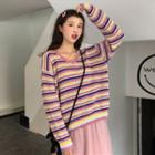 Striped V-neck Sweater / Midi Mesh Skirt