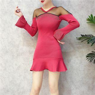 Mesh Panel V-neck Long-sleeve Dress