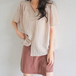 Puff-shoulder Short-sleeve Pintuck Blouse