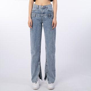 High-waist Washed Split Straight Leg Jeans