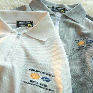 Letter Embroidered Zip Polo Sweatshirt