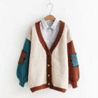 Color-block Patched Knit Cardigan As Shown In Figure - One Size